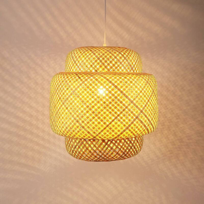 Image of Goeco - Ciondolo in bambù naturale, lampada a sospensione in rattan E27 senza lampadina, paralume in bambù per l'isola della cucina, sala da pranzo,