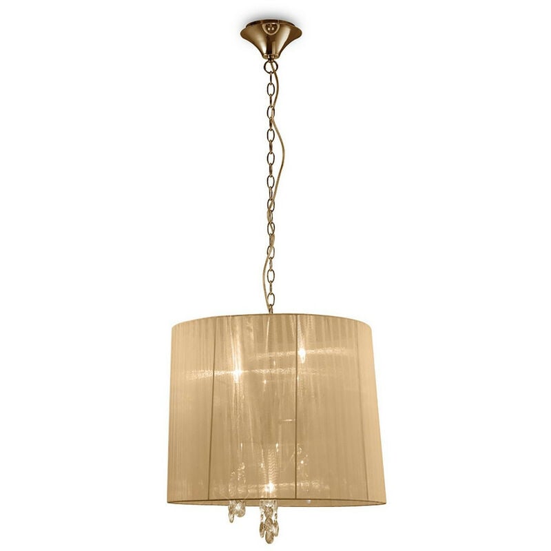 Ciondolo Tiffany 3+3 luci E14+G9, oro francese con paralume in bronzo morbido e cristallo trasparente