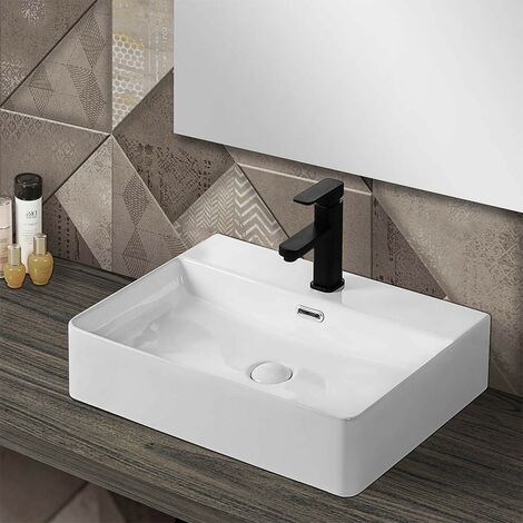 Lavabo da Appoggio Quadrato Moderno - Bianco - con Miscelatore a Parete -  400 mm x 400 mm - Milton