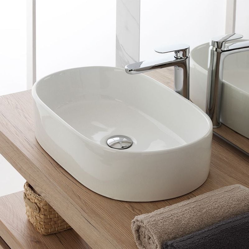 Inbagno - Ciotola da appoggio in ceramica ovale 55,5x34,5 cm bianco lucido