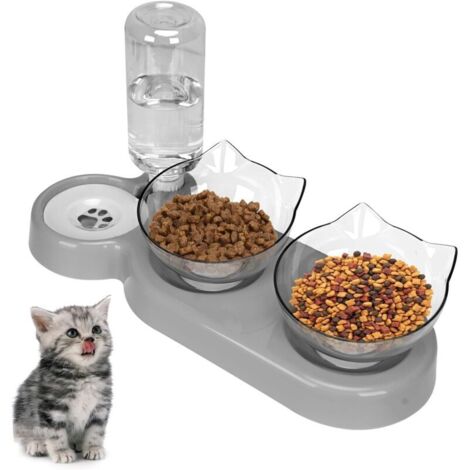 Ciotola per gatti 3 in 1 - Doppia ciotola per acqua e cibo - Ciotola a prova di perdite con supporto inclinato di 15° - Distributore automatico di acqua per cani e gatti di piccola e media taglia (gri