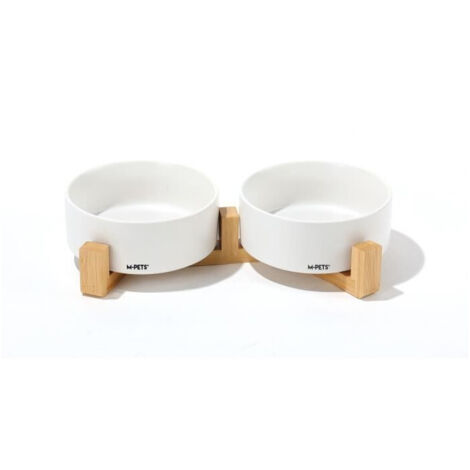 Ciotole in ceramica con supporto in bambù 2x350 ml - Mpets - OPERA - Bianco
