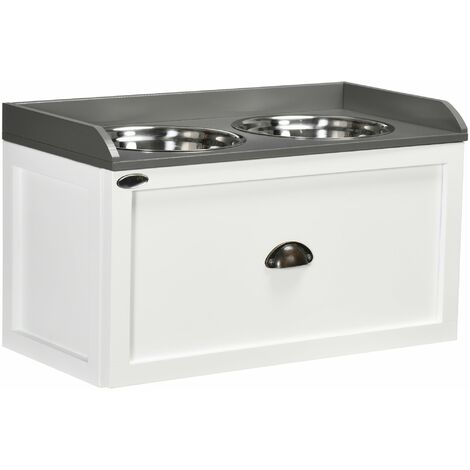 Ciotole per Cani Rialzate 60x30x36 cm con Cassetto in Acciaio Inox e Legno Bianco e Grigio