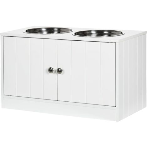 Ciotole per Cani Rialzate con Armadietto da 44L e 2 Ciotole in Acciaio 60x30x35.5cm Bianco