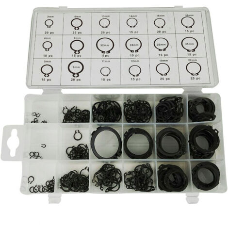 Circlip, 300 clips pour anneau élastique, circlip d'arbre, noir, type C, pour la fixation de circlips externes de roulements, engrenages et poulies (3-32 mm)