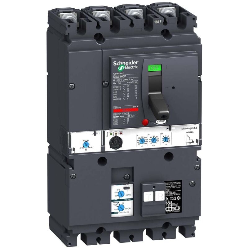 Circuit breaker VigiComPact NSX160B, 25 kA at 415 vac, MicroLogic 2.2 trip unit 160 a, add-on Vigi mh module, 4P 4d - LV430995