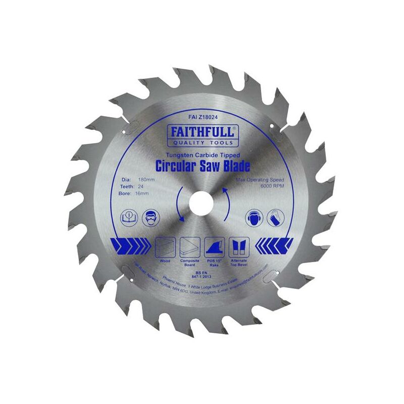 Tct Circular Saw Blade 180 x 16mm x 24T pos FAIZ18024 - Faithfull