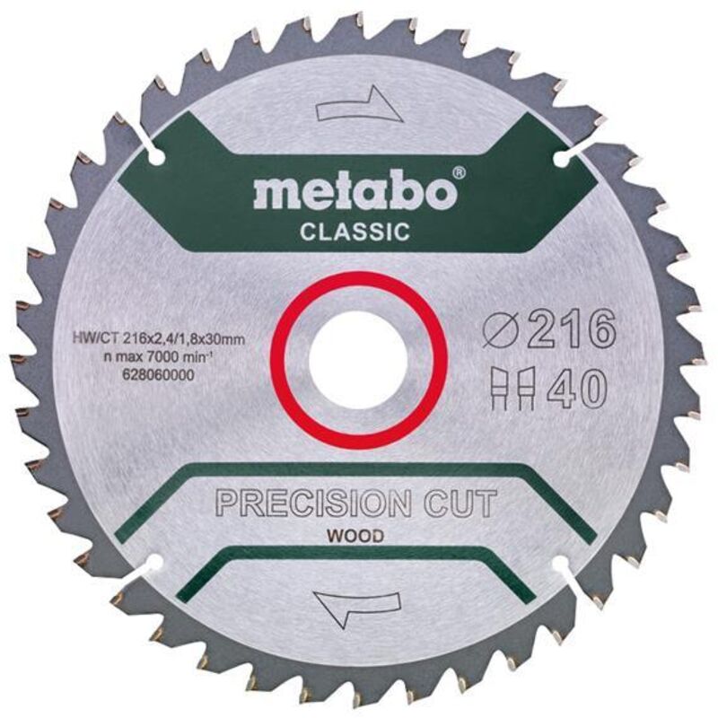Metabo Precision Circular Saw Blade 216 X 30 X 1.8 Mm, 40 Teeth, Suitable For Wood Cutting, Model 628060000