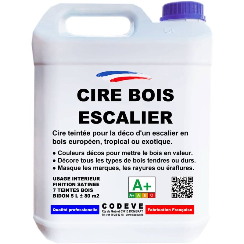 Codève Bois - Cire Escalier Bois - 5 l - Codeve Bois - Chêne foncé - Pour Un Entretien Déco D'un Escalier En Bois Européen, Tropical Ou Exotique.