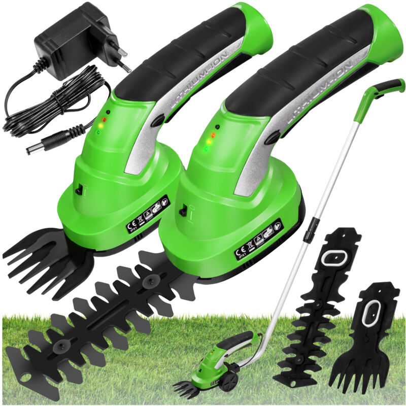 tectake® Akku Heckenschere, 7,2 V mit 2 Aufsätzen, ergonomische Form, inklusive Teleskopstange