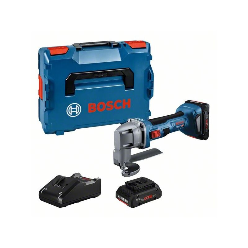 Cisaille à tôle sans fil gsc 18V-16 e Bosch 2 batteries ProCORE18V, chargeur rapide et l-boxx