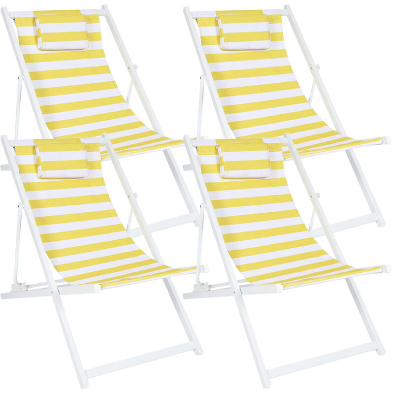 Altobuy - cisco - Lot de 4 Chiliennes en Bois Teinté Blanc Toile Rayures Jaunes et Blanches