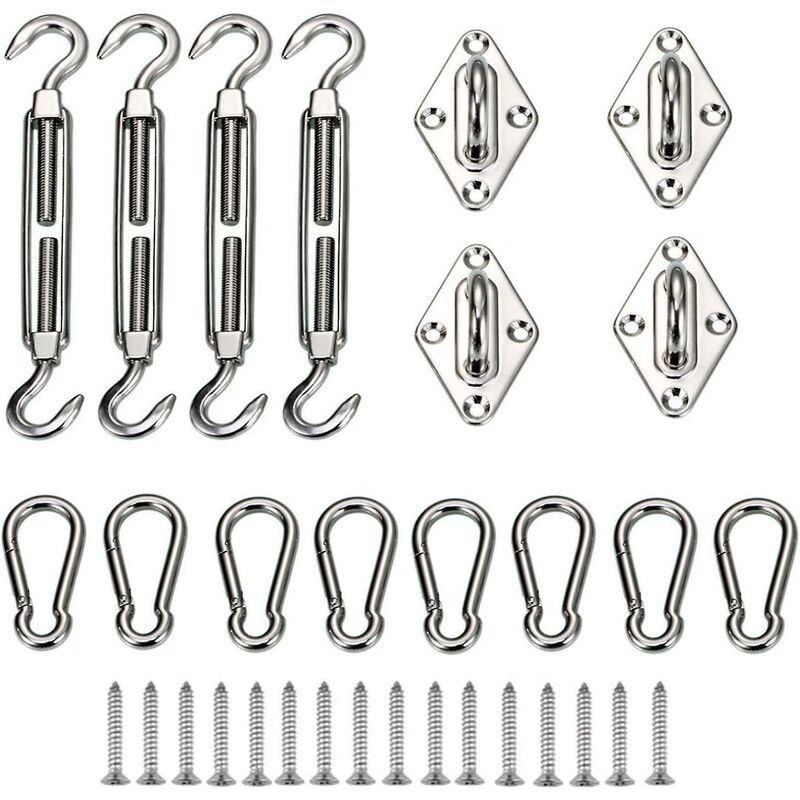 Kit de fixation de voile d'ombrage de jardin robuste pour carré et triangle, rectangle - Acier inoxydable 304 (comprend 4 œillets, 4 ridoirs, 8