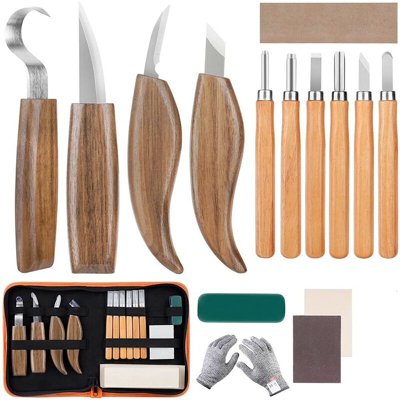 Kinsi - Ciseau à bois, Set de couteaux à sculpter avec blocs de bois, set comprenant 10 couteaux à sculpter en bois