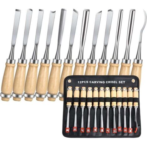 Ciseaux a Bois, 12PCS Outil de Gravure Bois Kit, Décapage Couteau Sculpture sur Bois avec Manche en Bois et Moulinet, pour Débutants, Sculpteur, Charpentier, Amateur