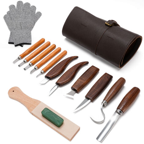 Ciseaux à Bois, 15 in 1 Outils de Sculpture Bois, Outillage Bois avec 5 Couteau Sculpture Bois, Professionnel/Junior Outil de Ciseaux a Bois Kit DIY avec Gants Anti-coupures