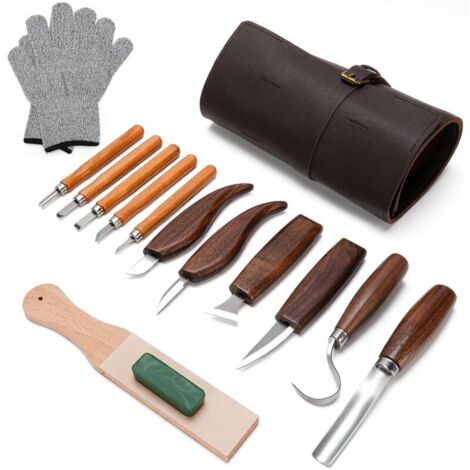 Ciseaux à Bois, 15 in 1 Outils de Sculpture Bois, Outillage Bois avec 5 Couteau Sculpture Bois, Professionnel/Junior Outil de Ciseaux a Bois Kit DIY avec Gants Anti-coupures