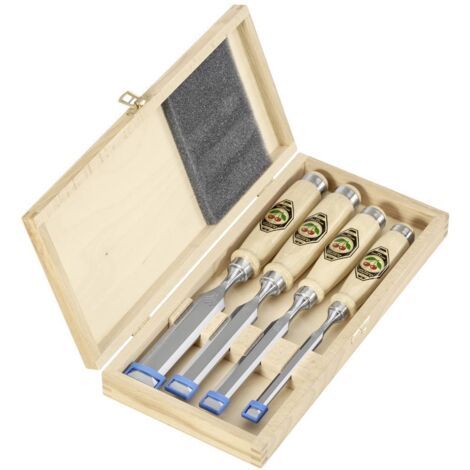 Jeu de 4 ciseaux à bois – Acier spécial à outils – Dureté ± HRc 61 – Manche en charme pour bois tendre à moyen – Kirsche