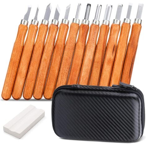 Ciseaux à bois, kit d'outils de gravure, ciseau en acier avec manche en bois, pour débutant / amateur / bricolage / sculpteur / cire / poterie, avec pierre à aiguiser / sac de rangement