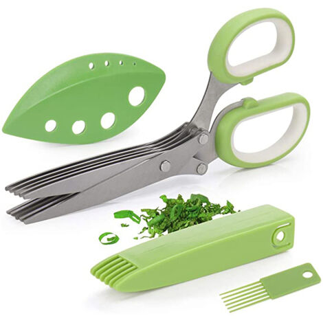Ciseaux à herbes 5 lames multifonction avec étui - Hachoir, coupe-légumes et épluche-feuilles pour cuisine