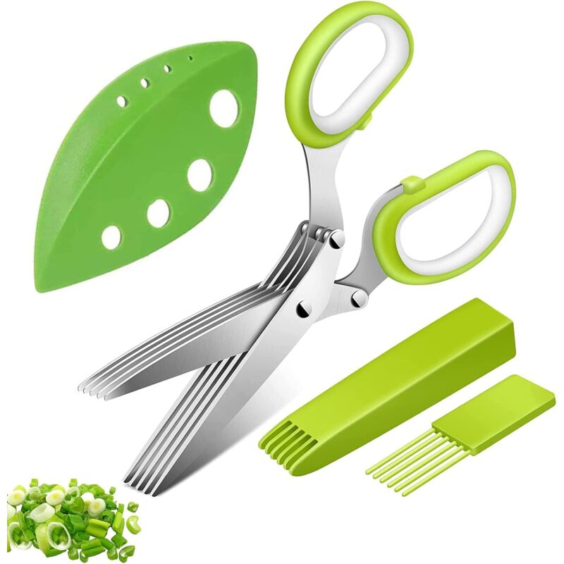 Ciseaux à Herbes, Ciseaux de Cuisine à 5 Lames en Acier Inoxydable, Ciseaux à Épices Ciboulette Avec Couvercle de Sécurité et Peigne de Nettoyage