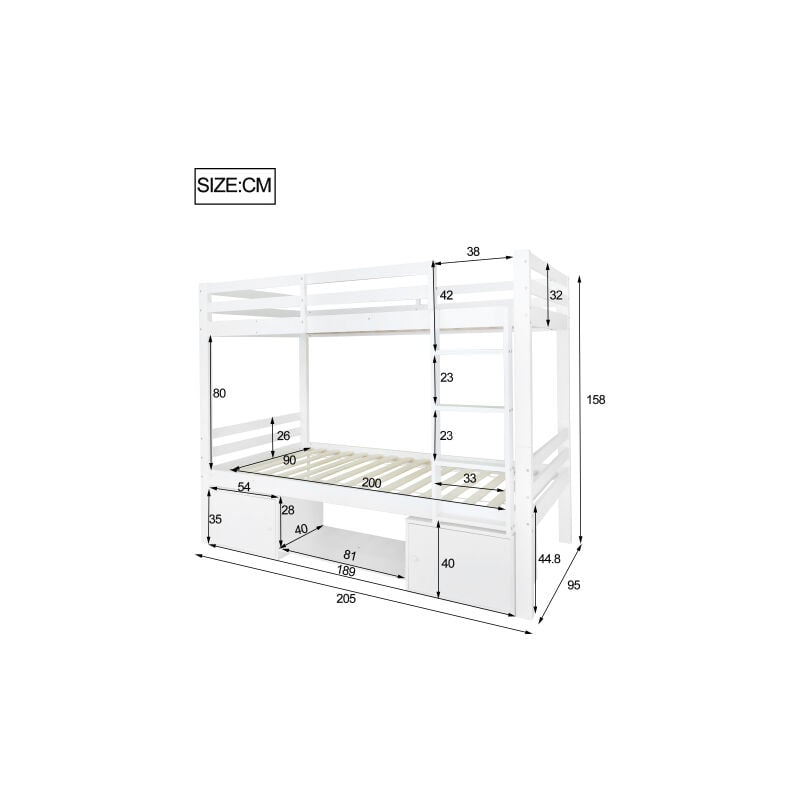 Live House - Lit superposé pour enfants, 90x200cm.lit d'enfant avec étagères à chaussures et casiers, lit divisé en 2 lits simples, lit d'adolescent,
