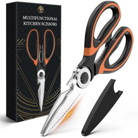 Ciseaux de Cuisine Professionnel Multiusage, Ciseaux Cuisine Cranteur en Acier Inoxydable Lame Sharp avec Couvercle de Lame Poignée Antidérapante pour Poulet Poisson Viande Légumes Herbes Os Noix