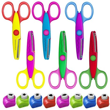 Ciseaux Enfant 6pcs - Ciseaux Cranteurs et de Bordure de Sécurité en Zigzag à Motif de Vague Créative Coloré - Avec 8pcs Poinçon et Perforatrices à Motif