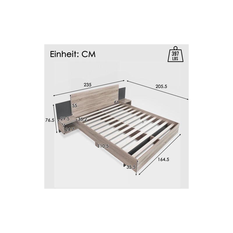 Live House - Lit double en bois Ensemble lit 160 x 200 cm avec 2 chevets Lit moderne avec 2 tables de nuit Chambre à coucher complète-205.5x235x76.5