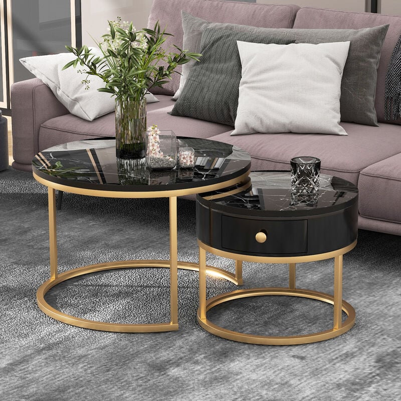 L&h-cfcahl - Table basse gigogne Table basse moderne Nesting Motif marbre brillant Lot de 2 tables basses rondes Table d'appoint ronde Nesting l&h
