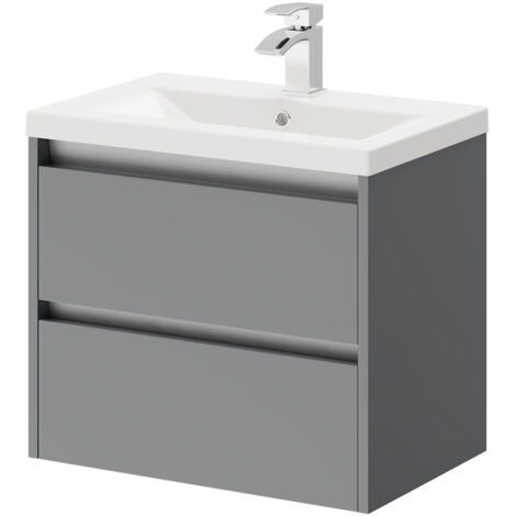 City Gloss Grey 600mm Wall Mounted 2 Drawer Vanity Unit and Basin with 1 Tap Hole