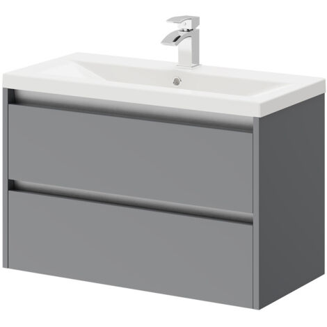 City Gloss Grey 800mm Wall Mounted 2 Drawer Vanity Unit and Basin with 1 Tap Hole