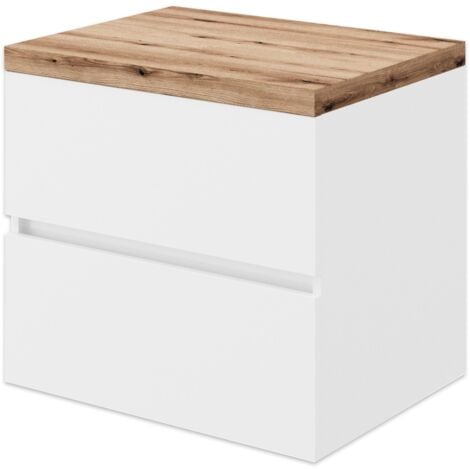 SANIVERRE Meuble simple vasque à poser 2 tiroirs Blanc & plan chêne naturel largeur 60 cm
