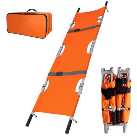 Civière de patient, 210 x 54 cm. Civière mobile en aluminium avec boucles, pliable et équipée d'une pochette de rangement pour le transport d'urgence des patients.