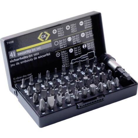 Jeu d'embouts 41 pièces T4508 – Acier S2 allié – Longueur 25 mm – Empreintes : plat, Phillips, Pozidriv, Torx, Tri-Wing – C.K Magma - Y548001