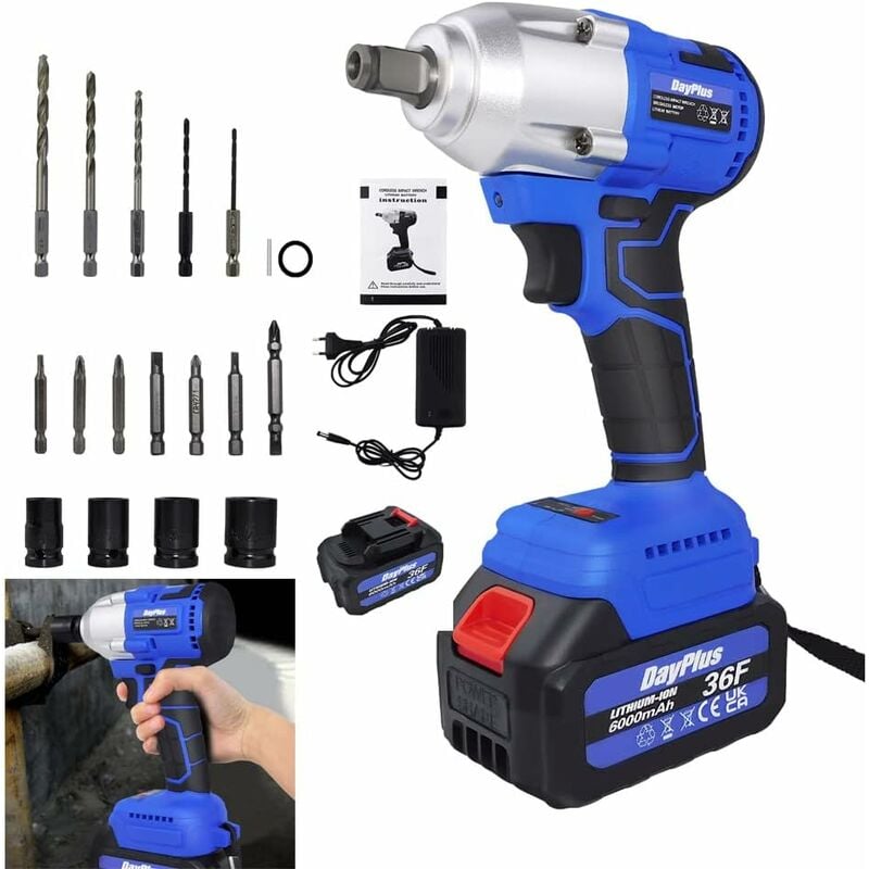 Day Plus - Clé à chocs sans fil 1 / 2 pouce, couple maximal 420n.m, pistolet à chocs électrique brushless, batterie Li - ion 6.0ah avec chargeur