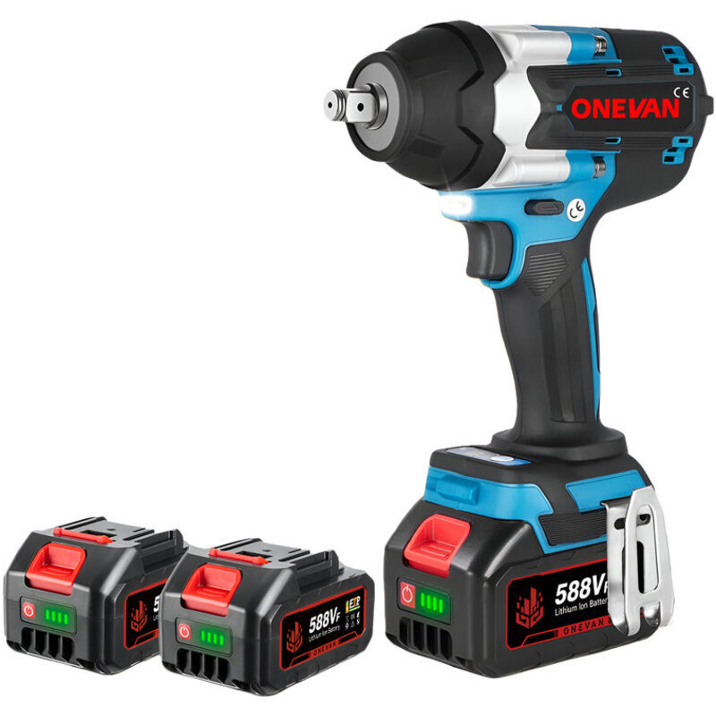 Clé à Chocs sans fil Brushless 1800 Nm,3 vitesses,1/2 ' Boulonneuse a Choc avec 2x588VF Batterie - bleu - Onevan