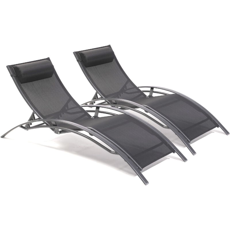 CL76 - Lot de 2 bains de soleil en aluminium et toile plastifiée noire Dcb Garden