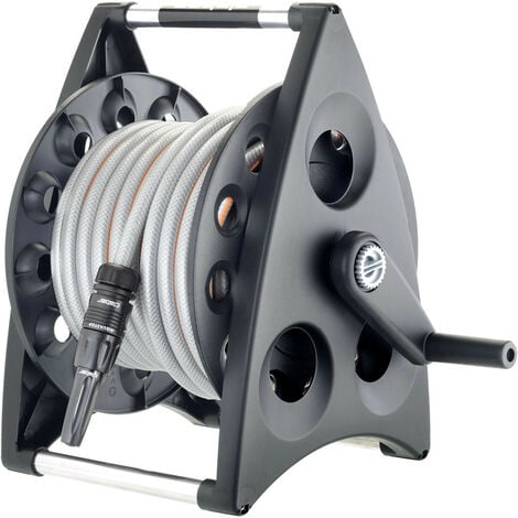 Claber Kiros kit, avvolgitubo manuale da giardino in plastica e alluminio, portatile installabile a parete con tubo e lancia