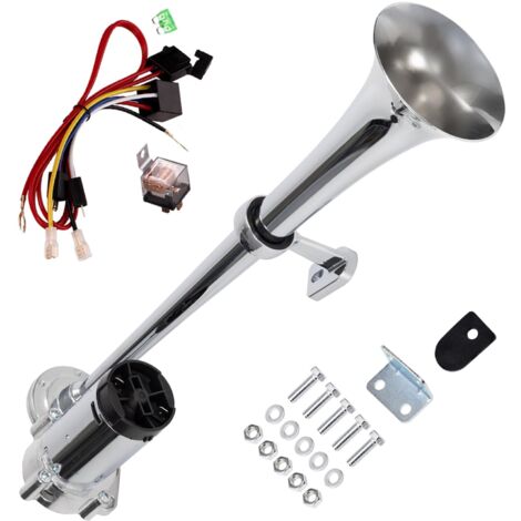 Clacson per auto da 12 V e 150 dB, 18 pollici, con tromba ad aria per camion, cromato, in zinco, con tromba singola integrata, argento, con cablaggio relè per pompa dell'aria del compressore, per qual