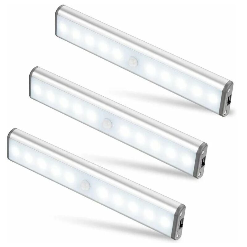 Éclairage d'armoire à trois 10 LED, sans fil, USB rechargeable, magnétique, détecteur mouvement, 2 modes d'éclairage,Lampes de placard, lumières de