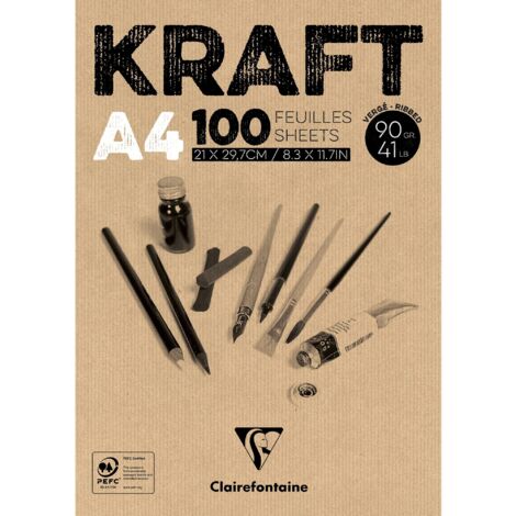 Clairefontaine 96545C Blocco collato Carta Kraft - 100 fogli Carta Kraft Vergata Bruna A4 21x29,7 cm 90g - Carta Double Face per lo Schizzo e il Disegno