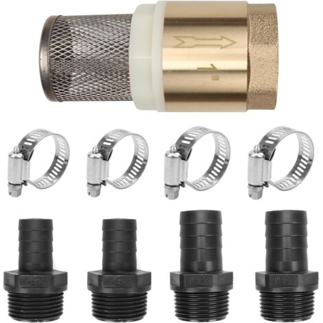 Clapet Anti Retour avec Filtre en Acier Inoxydable, 1" Vanne Non Retour avec Raccord de Tuyau, Collier de Serrage, Clapet de Pied, Vanne de Pied en Laiton pour Pompe a Eau, Tuyau Arrosage