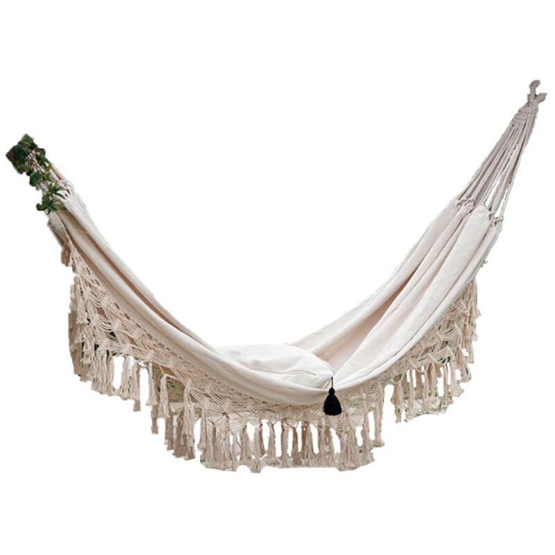 LIFCAUSAL Hamac balançoire double luxe en filet avec frange macramé brésilien pour 2 personnes, usage intérieur