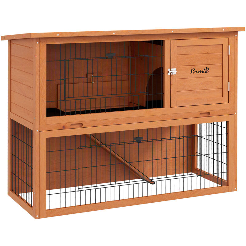 Pawhut - Clapier à lapin cage à lapin 2 étages 3 portes verrouillables bois pré-huilé - Orange
