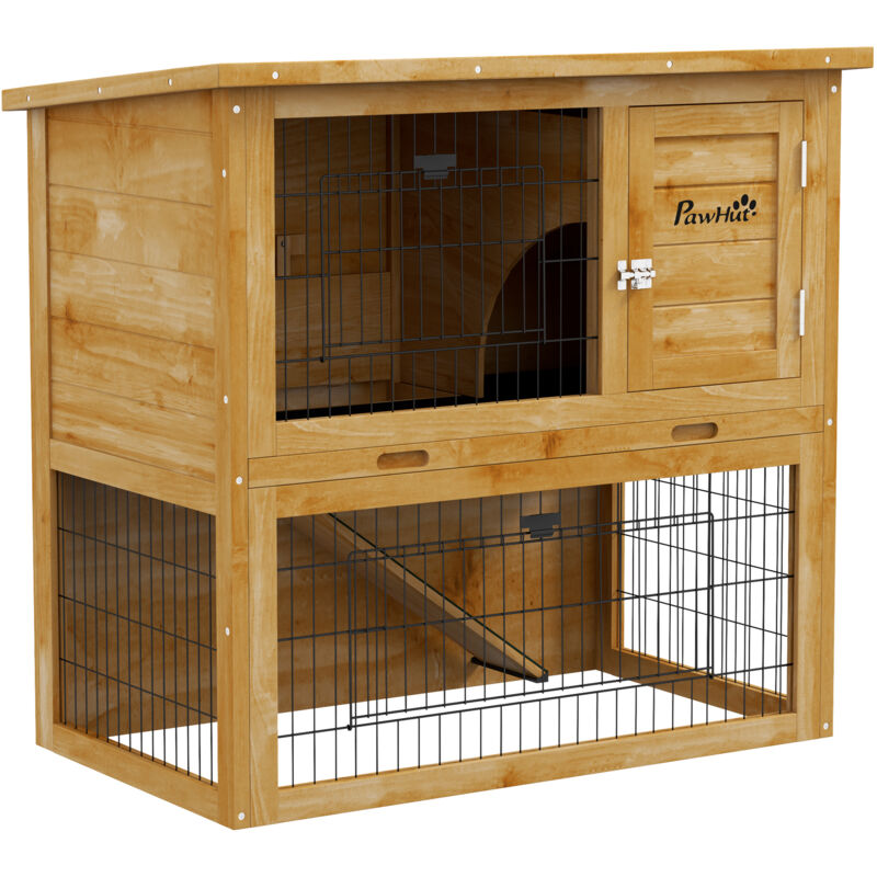 Pawhut - Clapier à lapin cage à lapin 2 étages 3 portes verrouillables bois pré-huilé - Beige