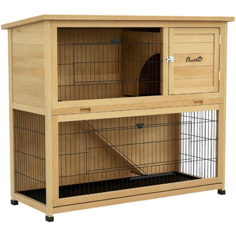 Clapier à lapin en bois 2 étages avec 3 portes plateau coulissant rampe toit bitumé 120 x 50 x 102 cm jaune