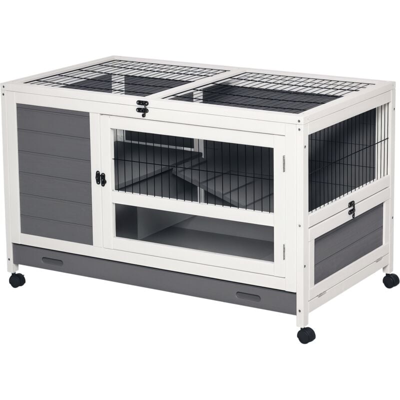 Pawhut - Clapier à lapin sur roulettes cage à lapin 2 niv. 2 portes verrouillables toit ouvrant plateau coulissant rampe bois gris blanc
