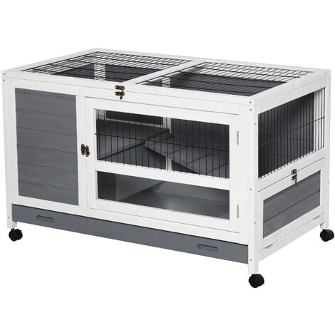 Clapier à lapin sur roulettes cage à lapin 2 niv. 2 portes verrouillables toit ouvrant plateau coulissant rampe bois gris blanc