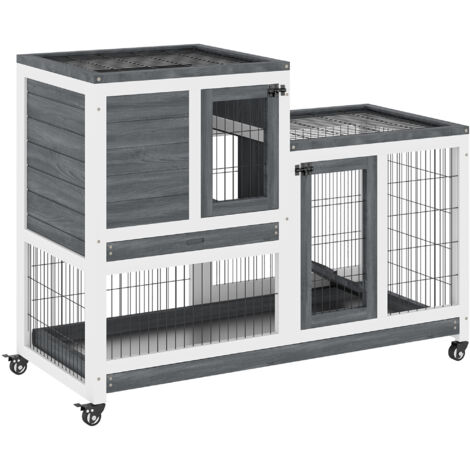 Clapier à lapin sur roulettes cage à lapin intérieur extérieur 2 étages 2 portes verrouillables 2 plateaux coulissants rampe bois de sapin gris blanc